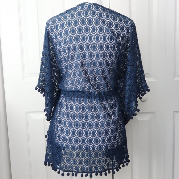 All Threads Cabana Kimono Navy Blue Cover-Up - Pom fringe, Open Tie-Front - Picture 2 of 6